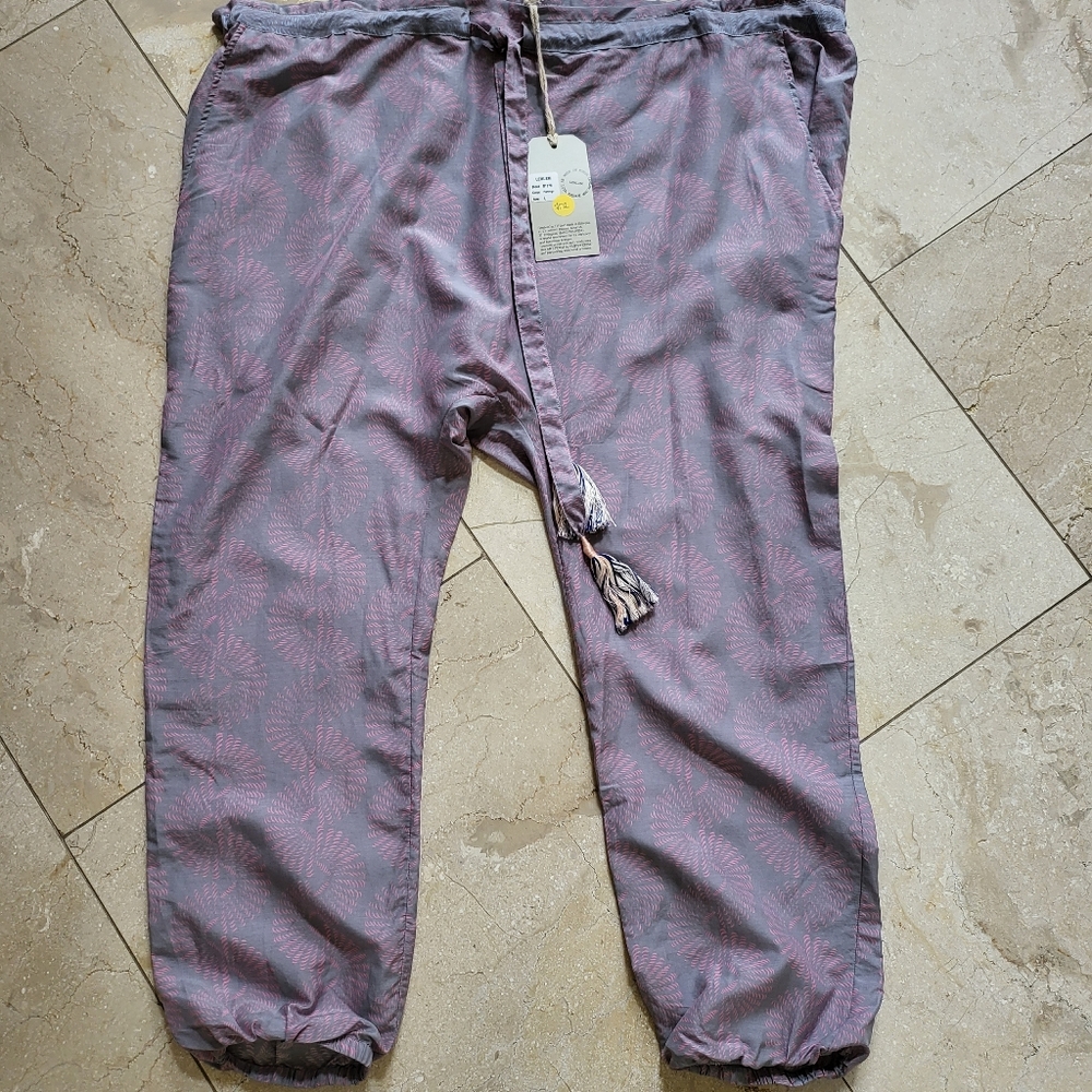 Lemlem resort wear lounge pants. They are wide and comfortable in the waistline.